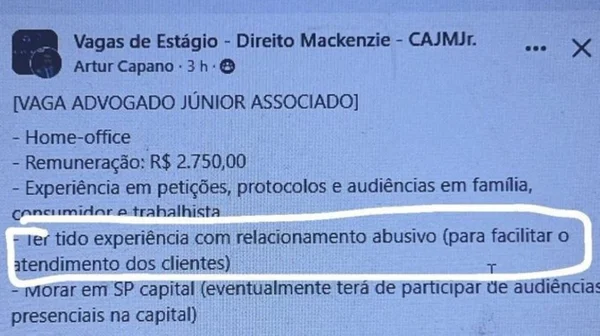 Imagem de post de Facebook que anuncia vaga de emprego exigindo "experiência com relacionamento abusivo" - Metrópoles