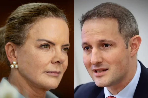 Montagem com imagens de Gleisi Hoffmann e Guilherme Derrite