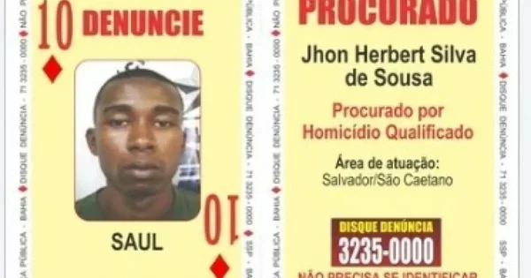 Imagem colorida de peça publicitária com dados do criminoso "dez de ouros" e com número para denúncia - Metrópoles
