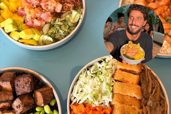 montagem de pokes com foto do surfista Filipinho segurando um bowl de poke