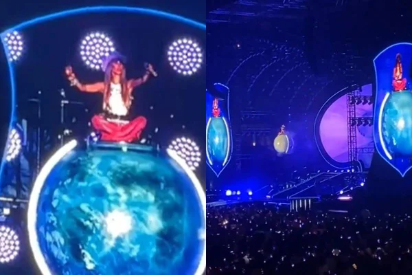 Montagem com fotos coloridas de Anahí sobrevoando palco no Texas- Metrópoles