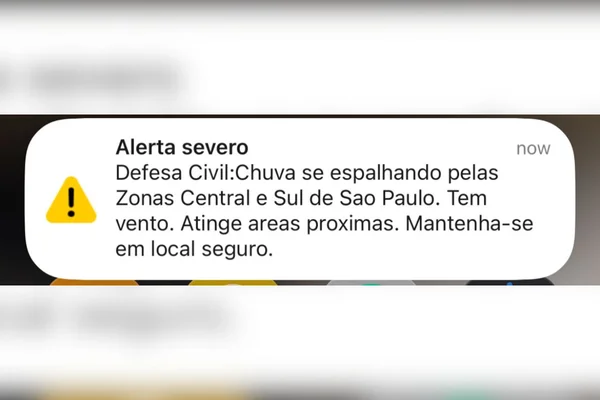 Imagem colorida de alerta severo da Defesa Civil sobre chuvas - Metrópoles