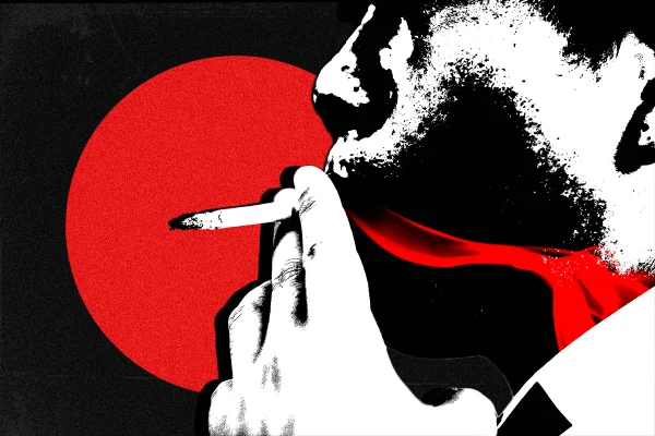 Ilustração em preto, vermelho e branco, de homem fumando cigarro - Metrópoles.