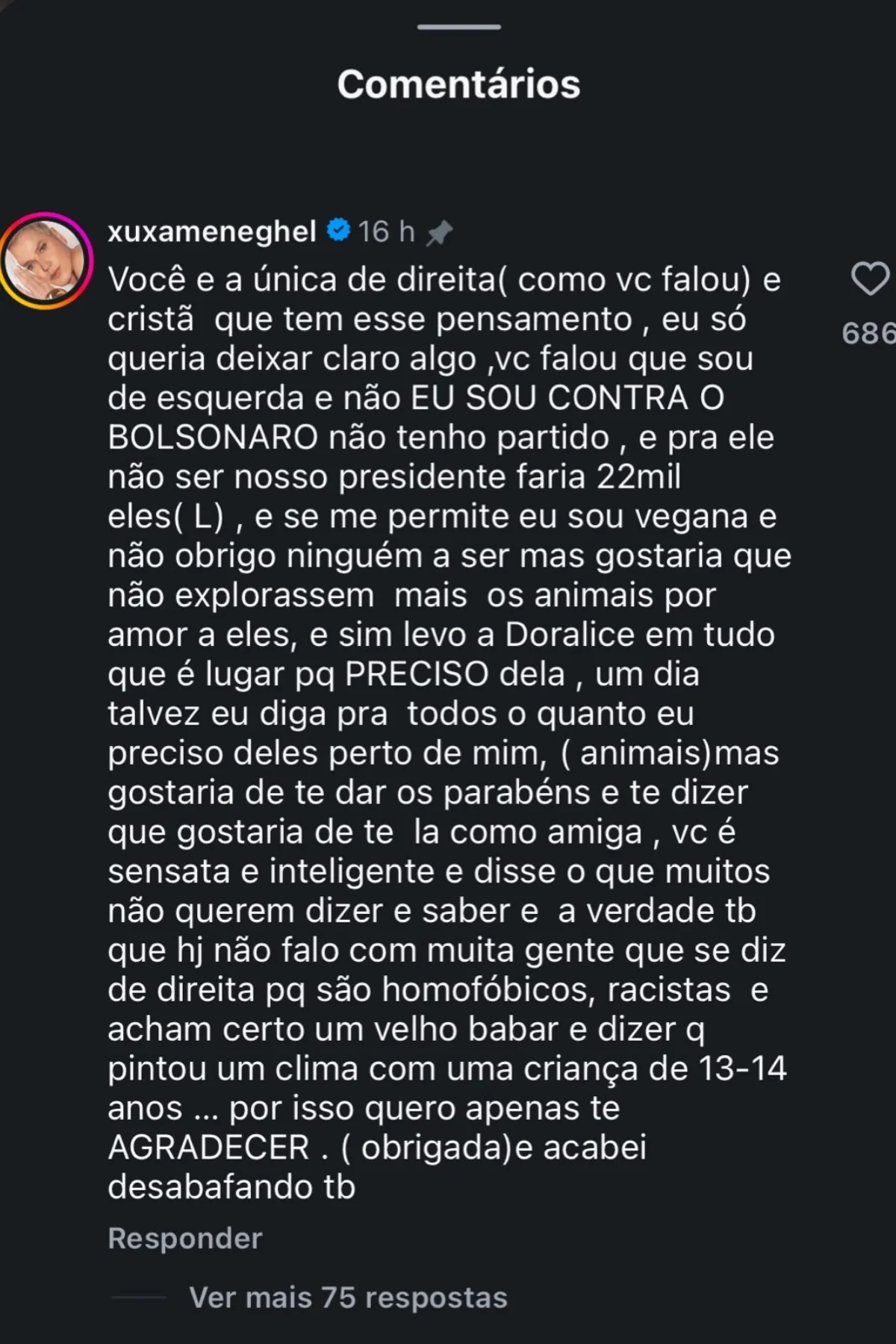 Xuxa desabafou sobre seu posicionamento político nas redes. Xuxa desabafou sobre seu posicionamento político nas redes.