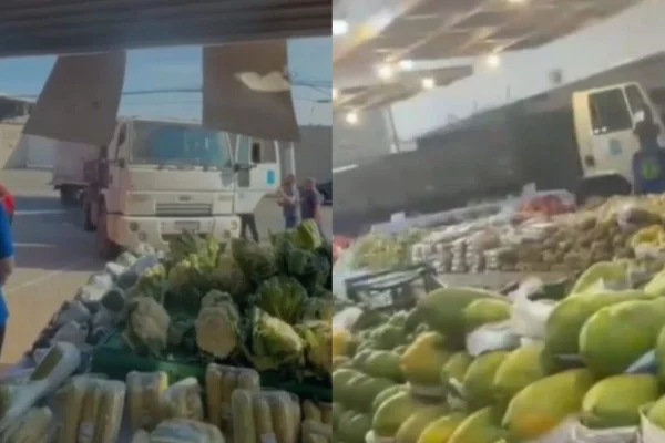 Fotos de caminhão branco entrando em espaço interno de sacolão, onde há frutas expostas em prateleiras - Metrópoles