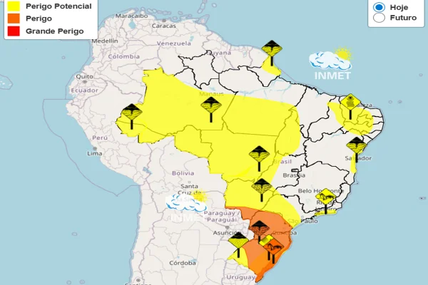 Imagem colorida de Mapa do Brasil com risco de chuva para SC