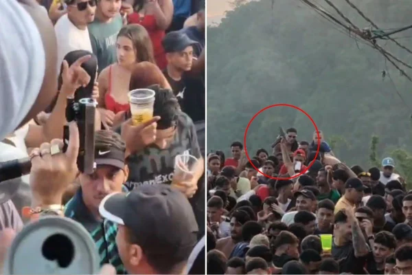 Imagem colorida mostra baile no litoral de SP com tiros para o alto e menção a facções do RJ. Metrópoles