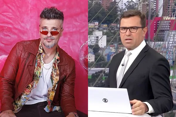 Bruno Gagliasso em fundo cor-de-rosa e óculos de lente vermelha; à direita, Rodrigo Bocardi, de terno, na bancada do telejornal Bom Dia SP, da Globo