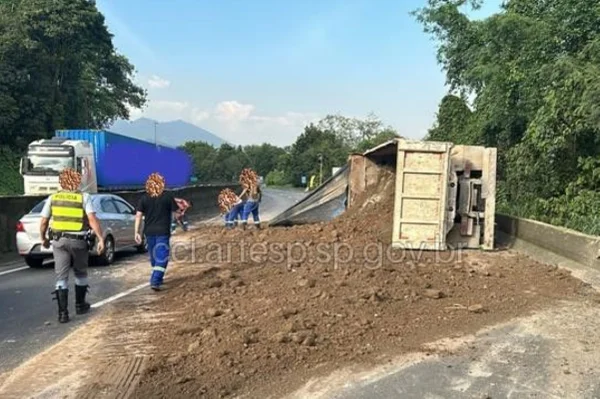Imagem colorida de um caminhão tombado