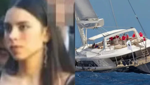 Imagem colorida, barco naufragando, e do lado, a filha desaparecida do bilionário que estava presente no barco - Metrópoles