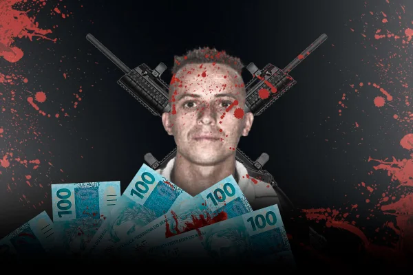 Homem branco, cabelo curto e sem barba no centro. Abaixo quatro notas de R$ 100. Fundo preto e, atrás da cabeça do homem, dois fuzis cruzados - Metrópoles