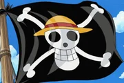 A bandeira dos Piratas do Chapéu de Palha, conhecida como Jolly Roger, identifica a tripulação