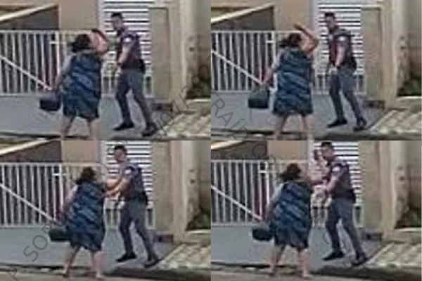 Imagem colorida de uma stalker dando um tapa no rosto de um PM