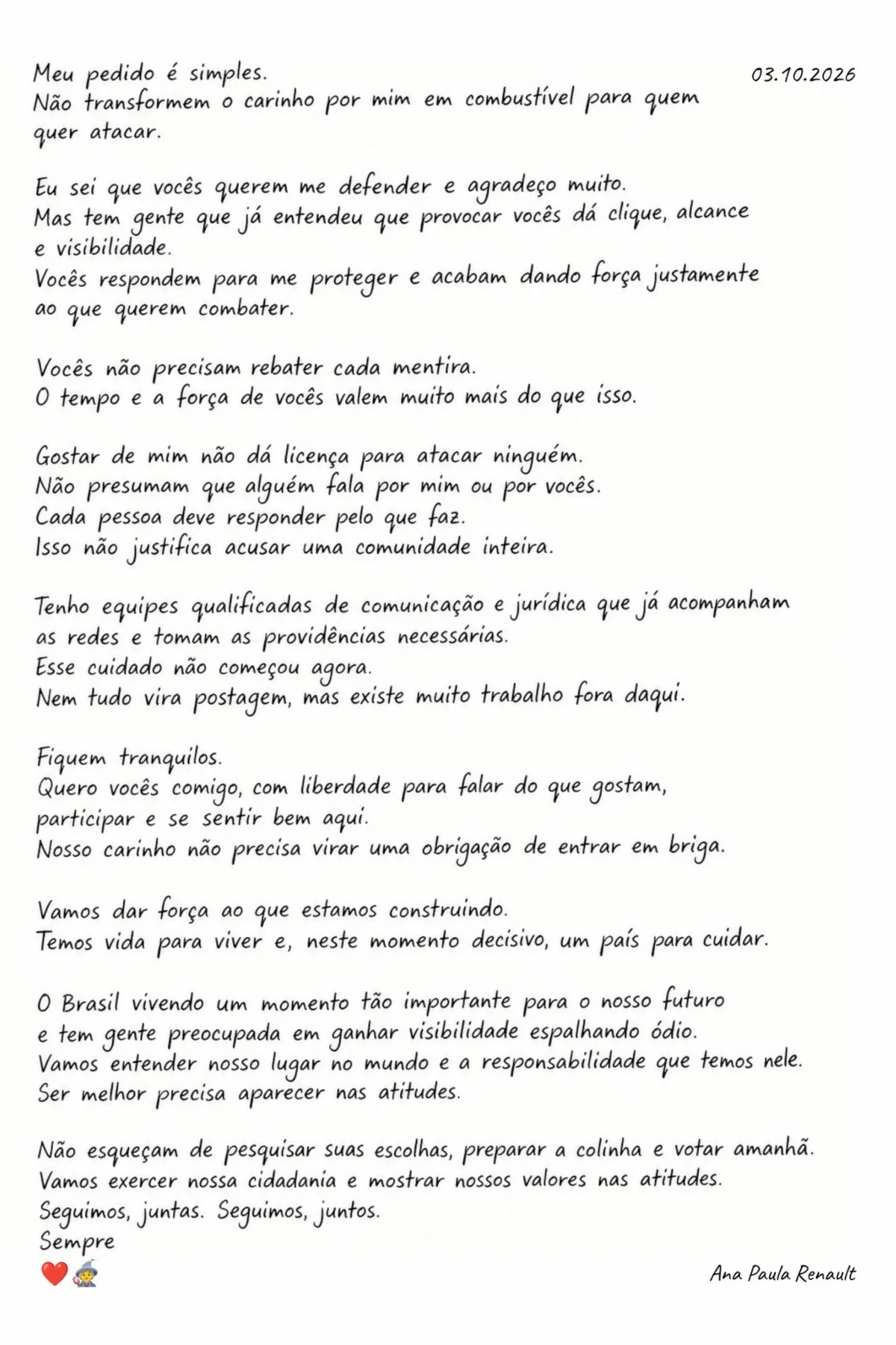 Ana Paula Renaulto publicou carta nas redes Ana Paula Renaulto publicou carta nas redes