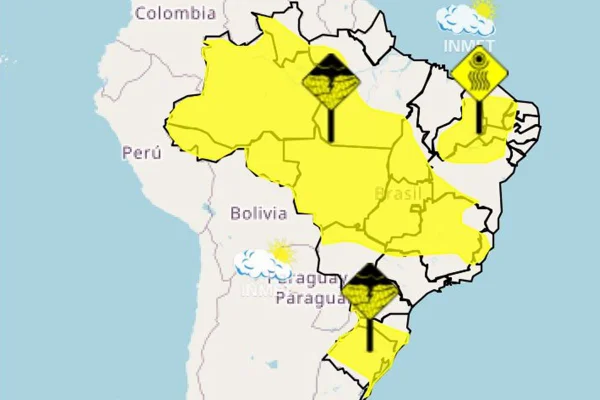 Imagem colorida de mapa do Brasil e previsão do tempo - Merópoles