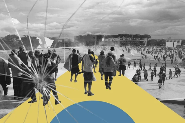 imagem estilizada do dia dos ataques antidemocráticos de 8 de janeiro feita pela arte para ilustrar documentário -- Metrópoles