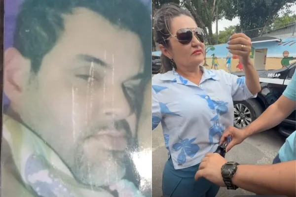 Imagens coloridas mostram homem branco, cabelos curtos, bigode e cavanhaque, do lado esquerdo, e ao lado, à direita, mulher branca, usando óculos escuros, vestindo camisa azul clara e com arma na cintura sendo retirada por policial