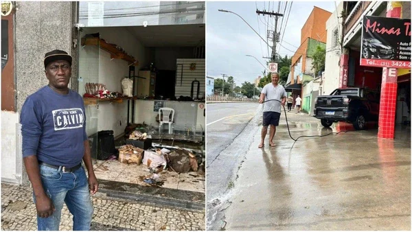 Dono de sapataria perde R$ 30 mil após chuva alagar loja em BH