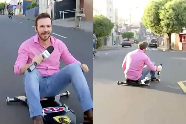 O repórter André Modesto, da TV Tem, brinca de carrinho de rolimã ao vivo no Bom Dia SP