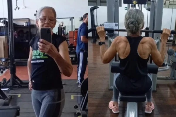 Montagem mostra fotos de Madalena Lúcio, a vovó fitness, durante seus treinos na academia