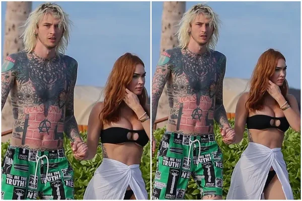 Imagens de Machine Gun Kelly e Megan Fox. Ele é branco, tem o cabelo grande e está sem camisa. Ela está de biquíni preto e uma saia branca - Metrópoles