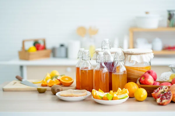 recipientes com kombucha e outras frutas