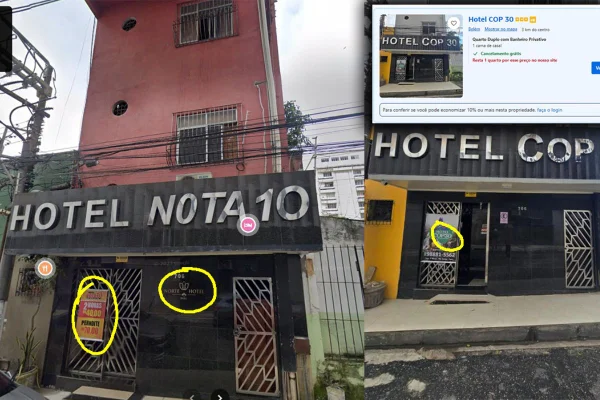 Montagem com fotos coloridas de antes e depois da fachada do estabelecimento com o print de uma reserva recentemente disponibilizada plataforma Booking, no valor de R$ 6,3 mil - Metrópoles
