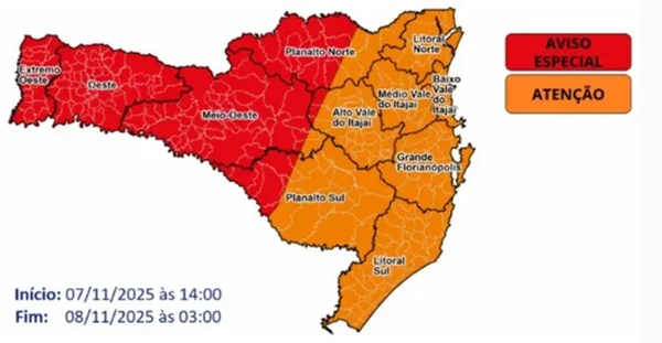 Imagem colorida de mapa de locais com alerta vermelho