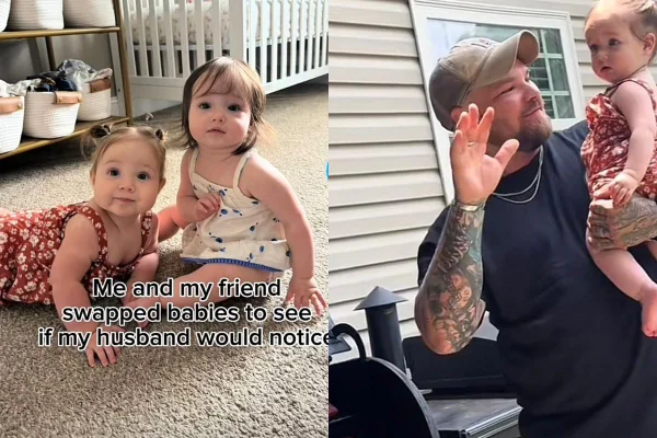 Montagem como fotos de duas bebês de um lado e um pai segurando uma bebê do outro