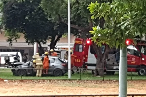 Com crise nervosa, mulher bate carro contra árvore no DF