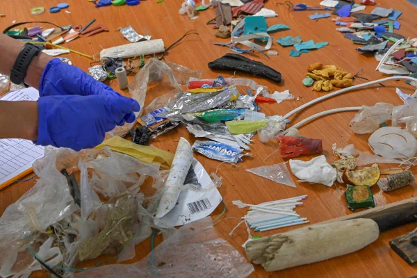 Pesquisadores do Hellenic Centre for Marine Research, de Atenas (Grécia), manipulam microplásticos encontrados em praias