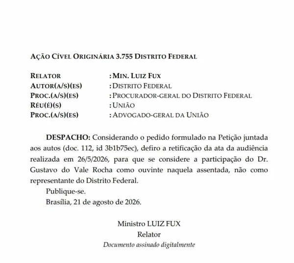 Fux determina correção de ata usada pelo MP para impugnação de Gustavo Rocha - destaque galeria Fux determina correção de ata usada pelo MP para impugnação de Gustavo Rocha - destaque galeria