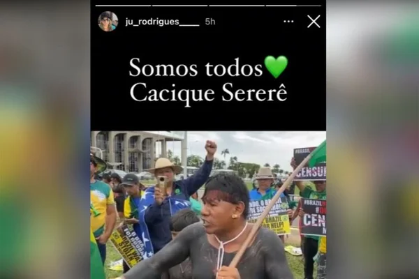 Esposa de presidente da Funai publicou stories de apoio ao Cacique Tserere, preso pela Polícia Federal por participar de atos antidemocráticos. Na imagem, ela escreve "somos todos Cacique Sererê" e usa foto do homem em manifestação na Esplanada - Metrópoles