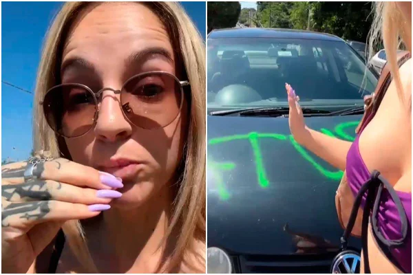 Montagem colorida com fotos de Mari Oliveira e carro pichado - Metrópoles