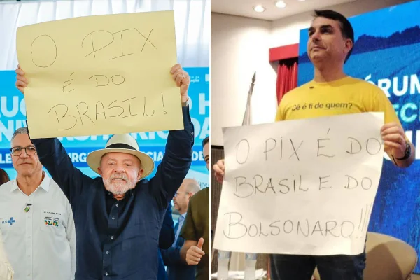 Montagem com as fotos do presidente Lula e do senador Flávio Bolsonaro segurando cartazes em defesa do Pix