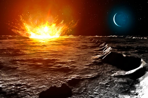 Ilustração colorida de meteoro atingindo a Lua - Metrópoles