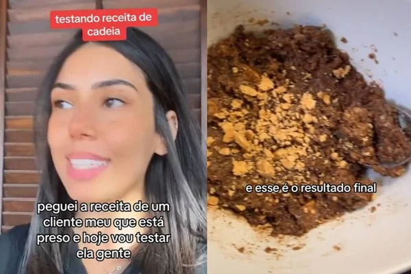 Montagem colorida com dois frames de um vídeo em que uma influencer ensina uma receita de doce popular ma cadeia - Metrópoles