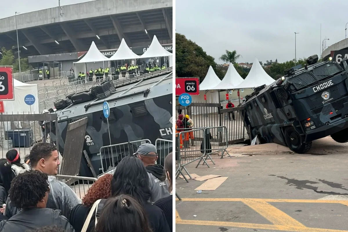 Viatura do Comando de Policiamento de Choque ficou parcialmente presa após o solo ceder nas proximidades do Portão 6 do Estádio Morumbis Viatura do Comando de Policiamento de Choque ficou parcialmente presa após o solo ceder nas proximidades do Portão 6 do Estádio Morumbis