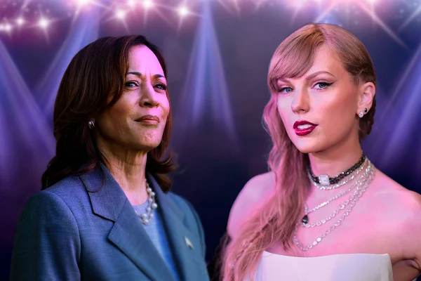Imagem colorida de Kamala Harris e Taylor Swift - Metrópoles