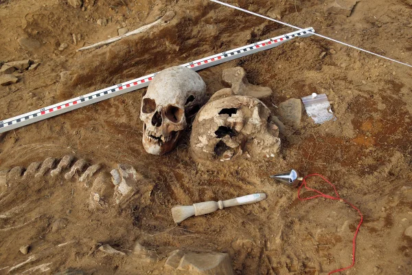 Foto colorida de ossos humanos descobertos em escavação arqueológica - Metrópoles.