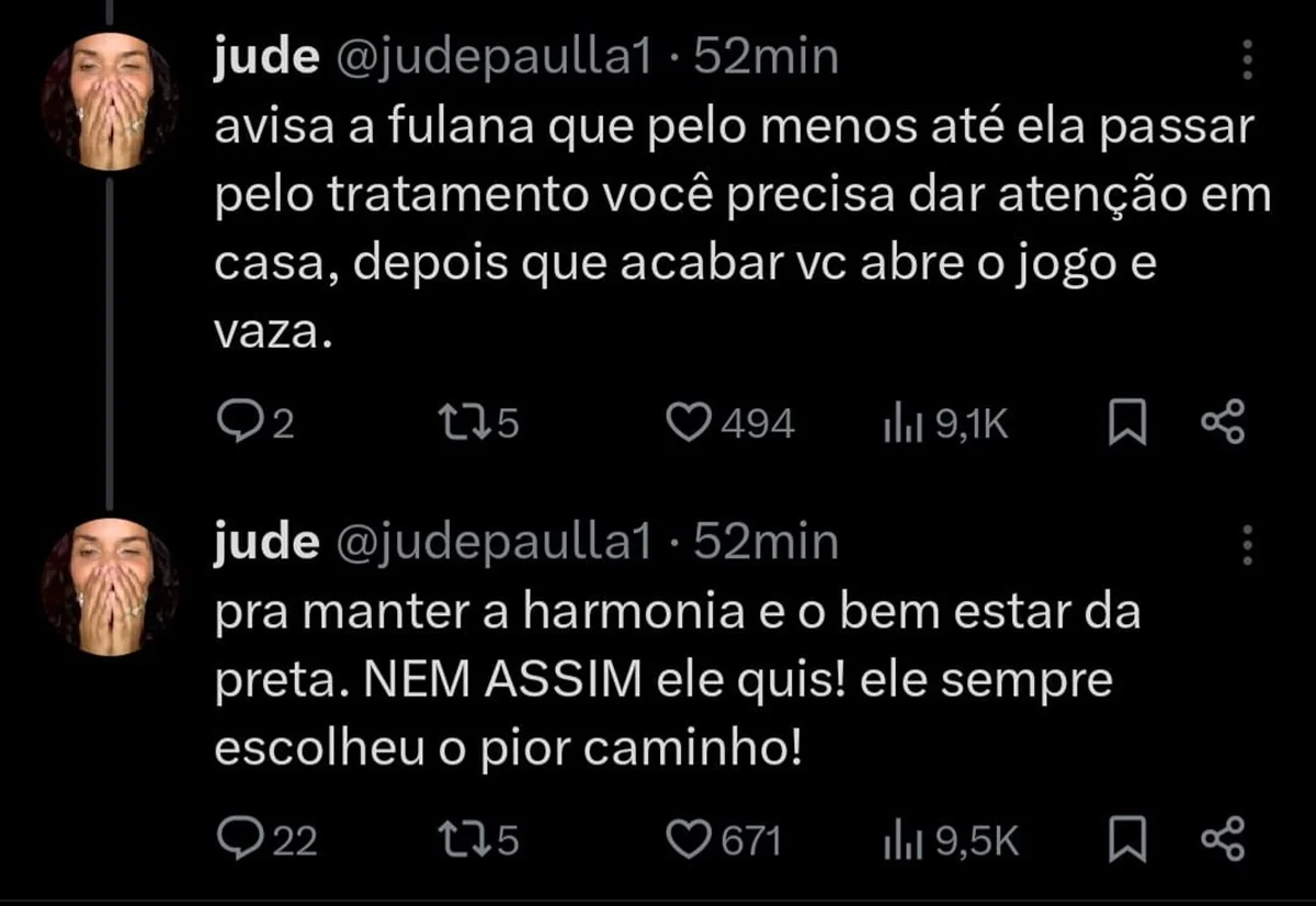 Jude Paulla, amiga de Preta Gil, contou que ela e outros companheiros colocaram o ex da cantora contra a parede Jude Paulla, amiga de Preta Gil, contou que ela e outros companheiros colocaram o ex da cantora contra a parede