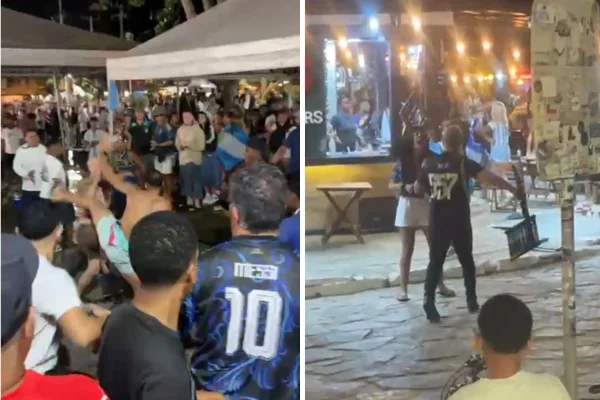 Montagem com fotos coloridas de pancadaria generalizada em Búzios após fim da Copa do Mundo de 2026 - Metrópoles
