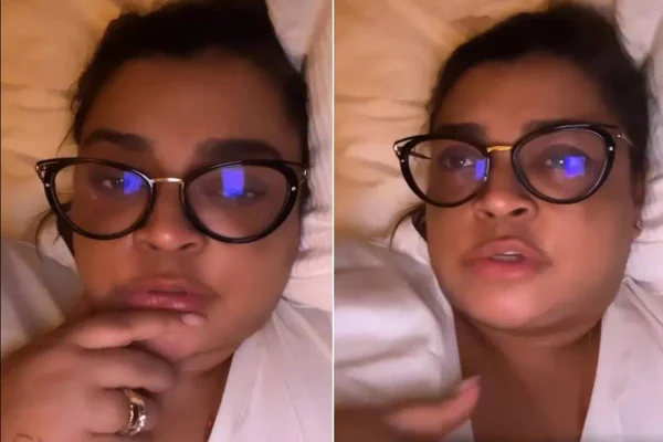 A cantora preta Gil em fotos justapostas fala em seus stories, deitada na cama, sobre dor de barriga que a fez cancelar show em Berlim - Metrópoles