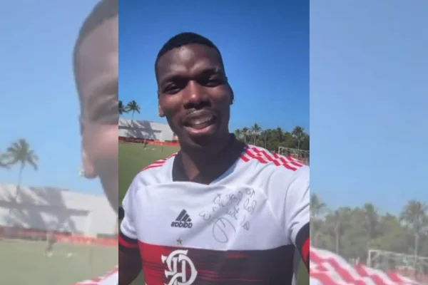 Imagem colorida de Paul Pogba com a camisa do Flamengo- Metrópoles