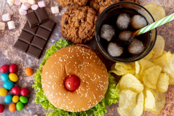 Foto colorida de comida ultraprocessada: hambúrguer, refrigerante, chocolate e etc... - Metrópoles.