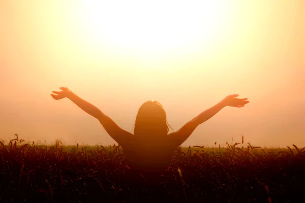 Uma garota ergue as mãos para o céu e sente a liberdade. Conceito de felicidade e sucesso.