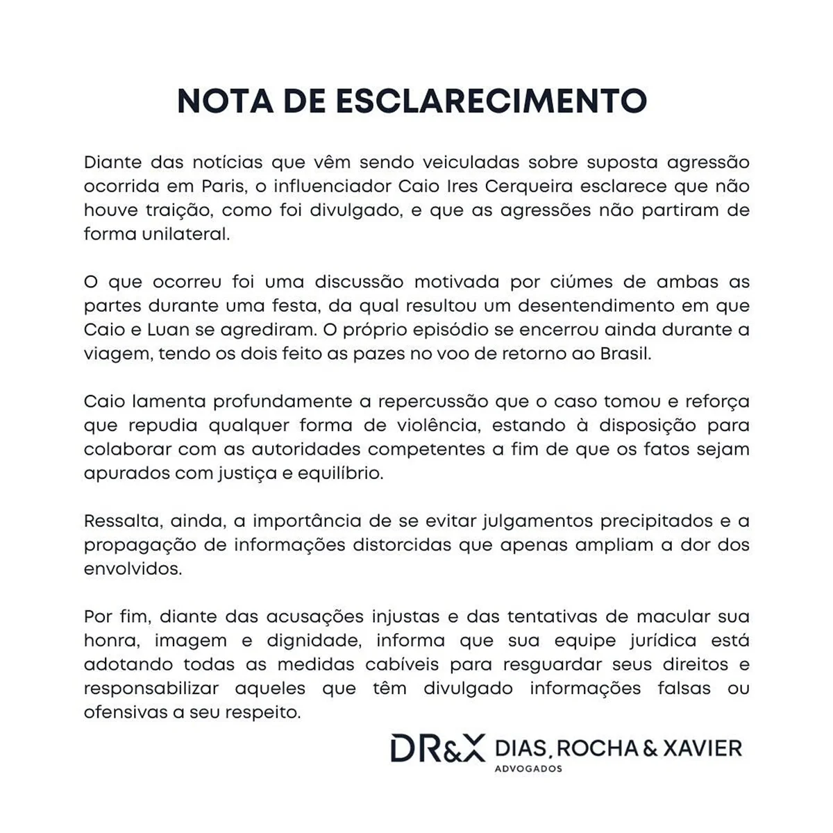 Nota de Esclarecimento de Caio Cerqueira