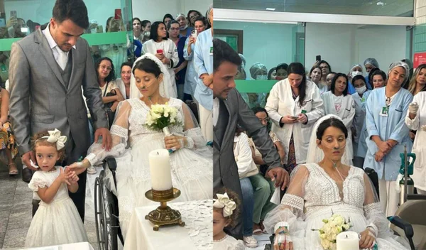 Imagem colorida de mulher com câncer em casamento - Metrópoles