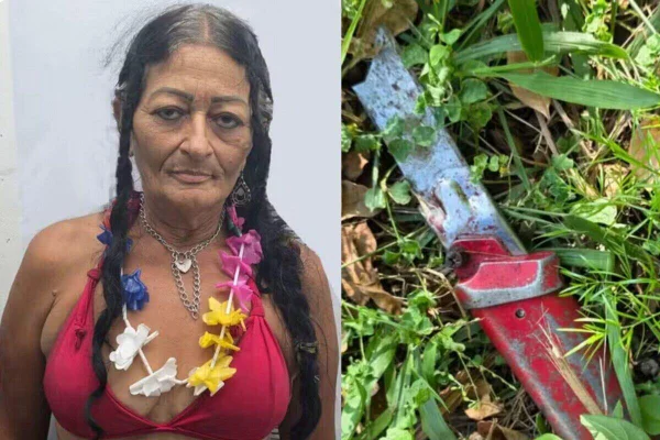 Esquerda, foto colorida de mulher idosa, com tranças laterais no cabelo, top rosa e colar tipo havaiano, com flores coloridas de plástico; direita, lâmina com cabo vermelho sobre gramado - Metrópoles