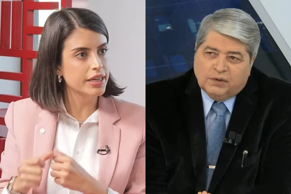 imagem colorida mostra montagem com fotos de tabata e datena. tabata é uma mulher jovem, branca, de cabelo liso e curto. ela tem os olhos e os cabelos castanhos. usa um terno rosa e camisa branca. datena é um homem de branco, de cabelos grisalhos. ele usa terno preto e gravata azul - metrópoles
